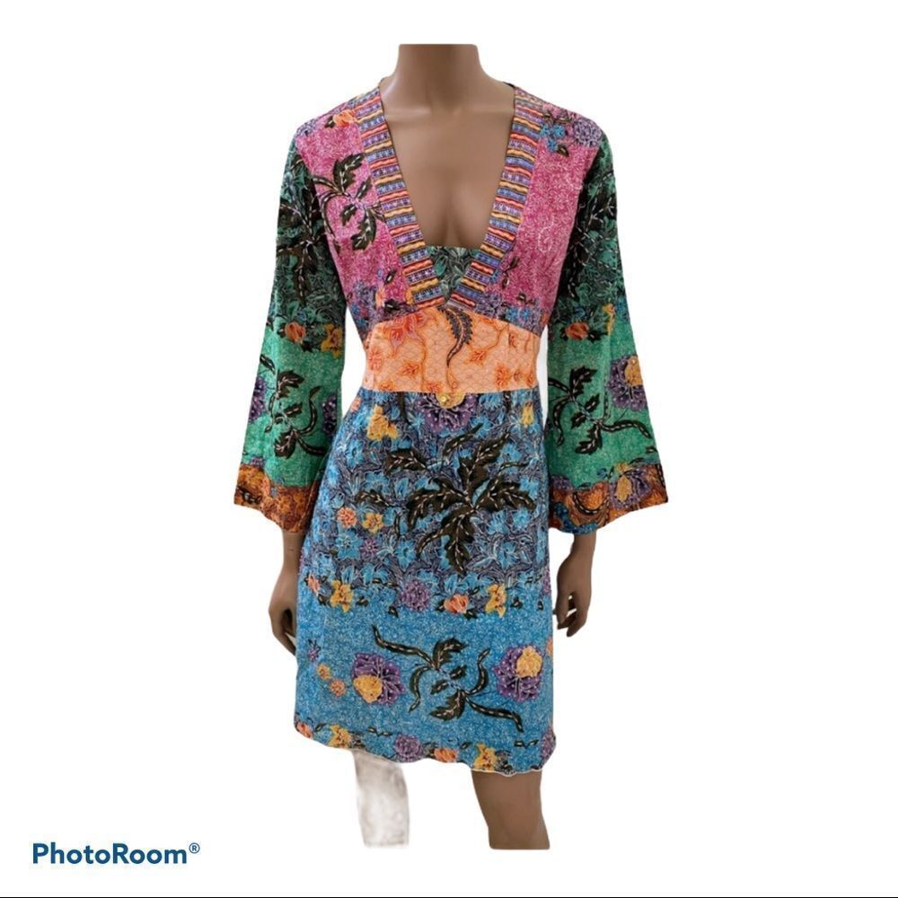 Penelope boho colorful floral beaded bell long sleeves mini dress S